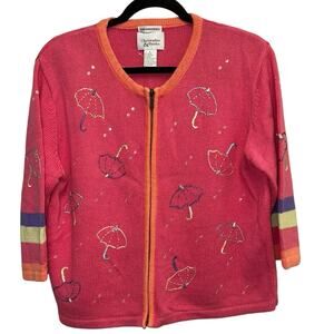 Christopher & Banks Pink Colorful Embroidered Umbrella Front Zip Cardigan